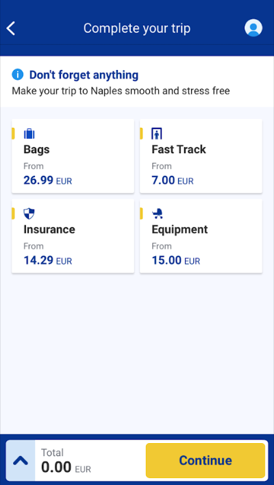 ryanair app doplnkove sluzby